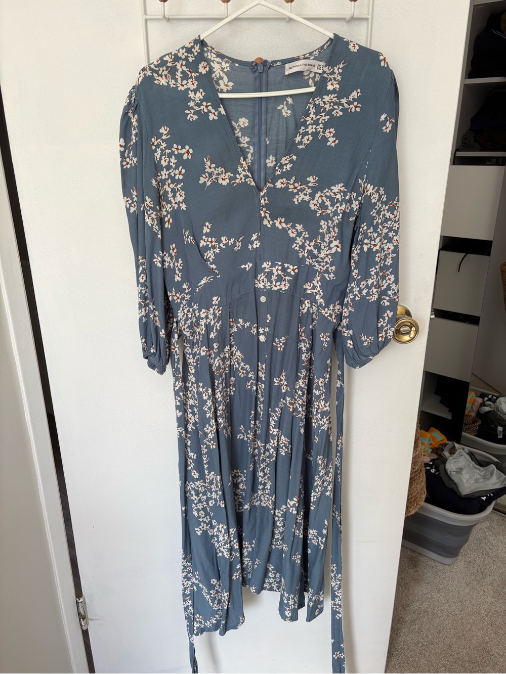 Faithfull the Brand Dusty Blue Floral Button-Front Midi Dress